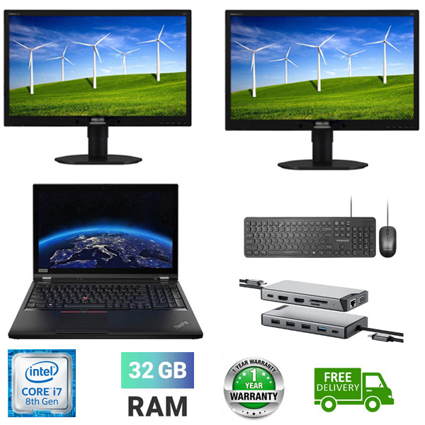 Workstation with Dual Screen Setup!! Lenovo P52 Laptop Workstation Ex lease Intel Core i7-8750H 32GB RAM 1TB NVME SSD Nvidia Quadro P1000 Mobile 4GB  2X 24" Ex lease Monitor Dock W11 - PC Traders Ltd