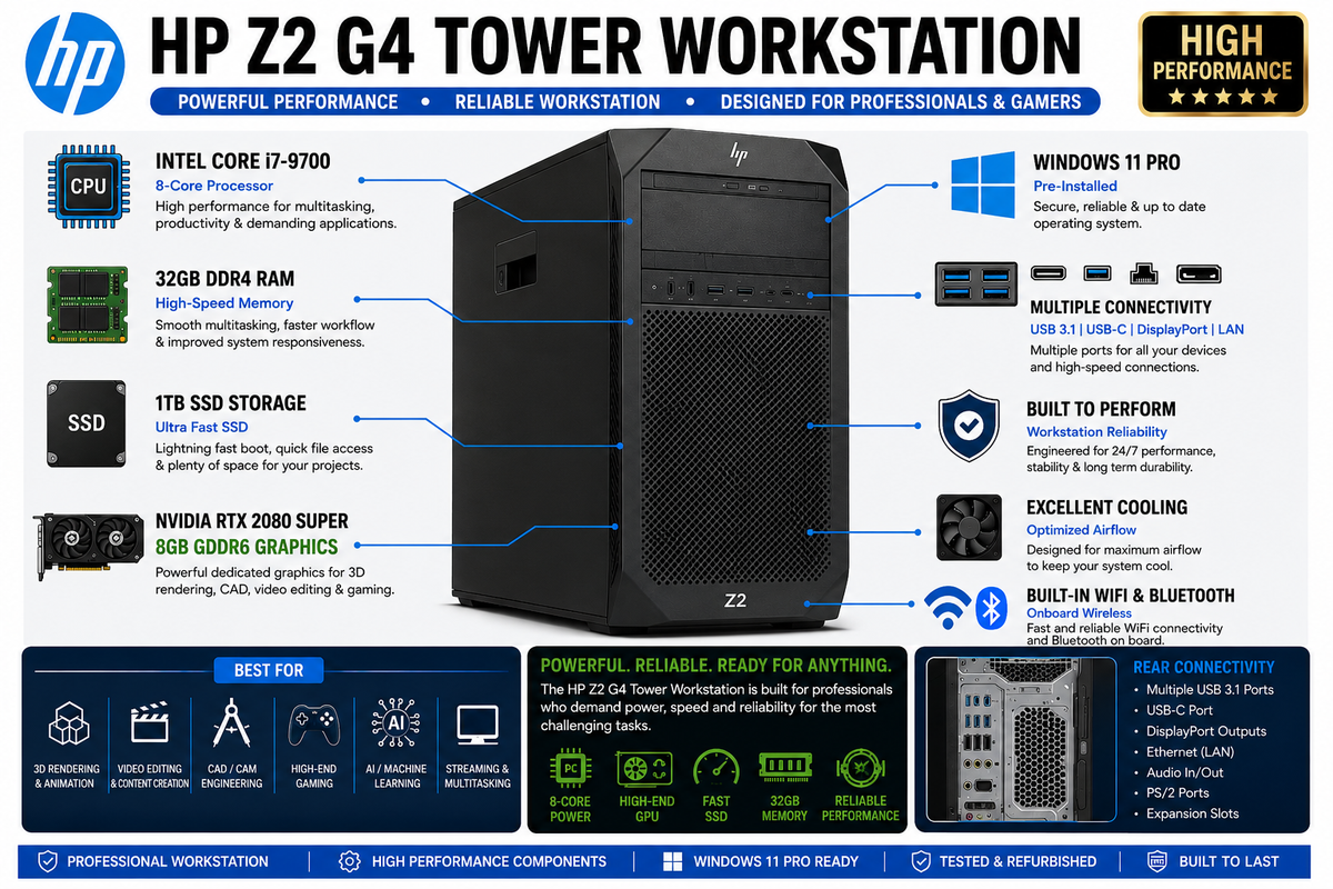 HP Z2 G4 Tower Workstation | Intel i7-9700 | 32GB RAM | 1TB SSD | 8GB