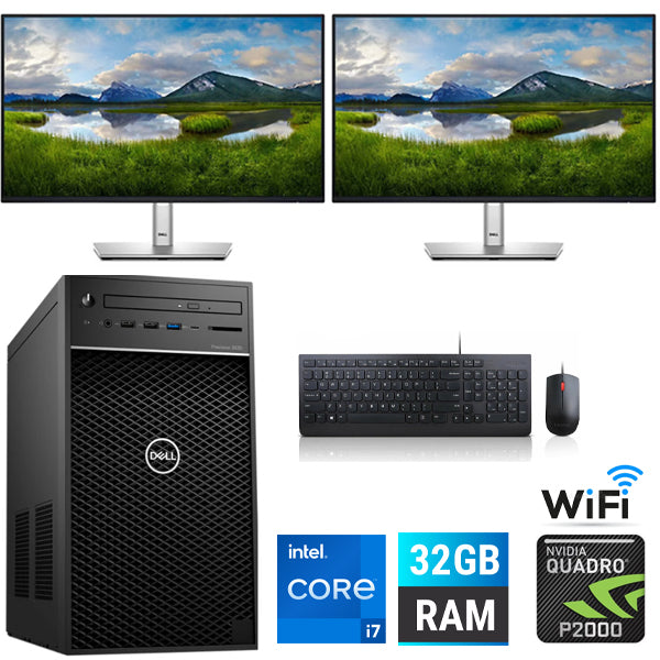 Workstation Bundle Dell Precision 3630 Workstation i7 Turbo 4.6GHz 32GB RAM 1TB SSD Win11 Pro Quadro P2000 5GB 2X 24" LCD WIFI Ready