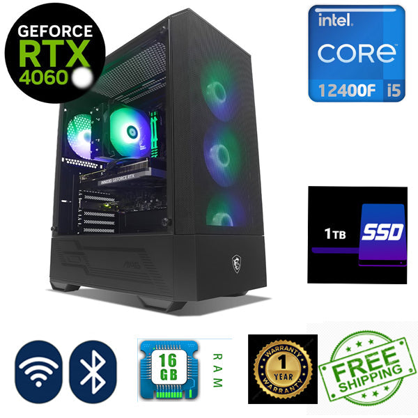 RTX 4060 RGB Gaming PC i5 12400F Turbo 4.40 GHZ 1TB SSD Windows 10 8GB Graphics Card WIFI Bluetooth - PC Traders Ltd