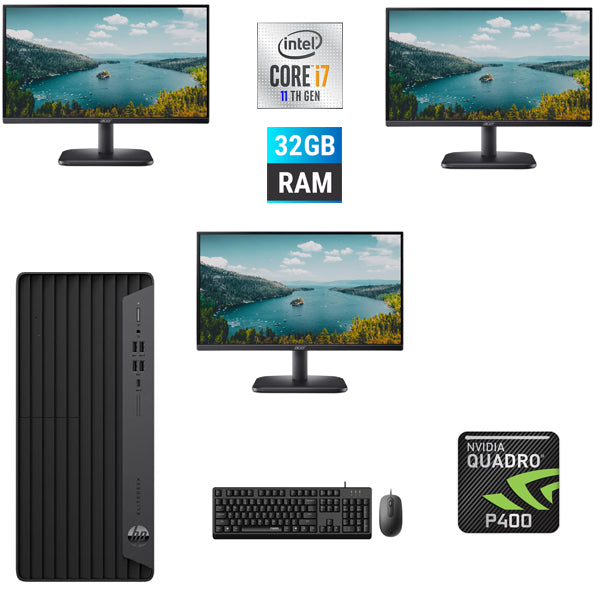 Combo 3x 22" LCD HP ElitDesk 800 G8 Ex Lease SFF Desktop PC intel I7-11700 Turbo 4.90Ghz 32GB RAM 512GB SSD DVD Windows 11 Pro Graphics Card P400 3xScreen Capable 2GB DDR5