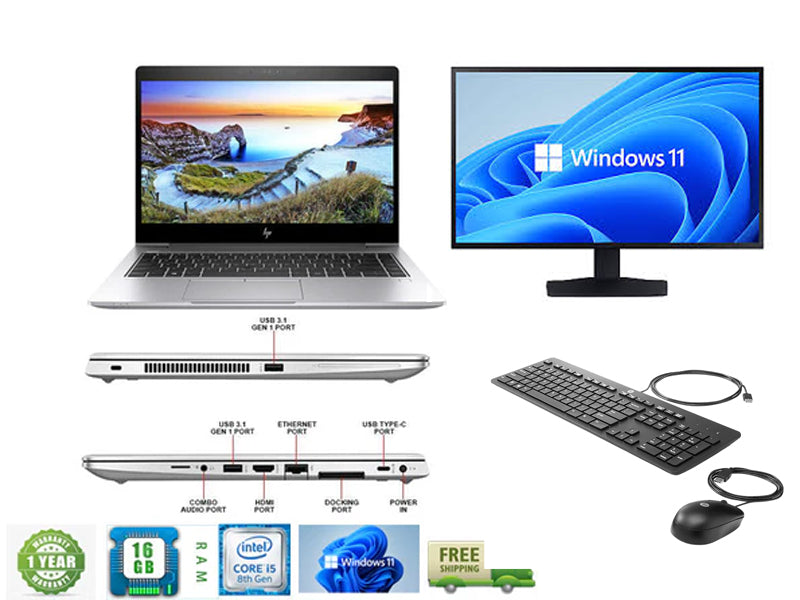 Laptop Combo 24" LCD HP EliteBook 840 G5 Laptop i5 Turbo upto 3.6 GHz 16GB RAM 256GB SSD 14 Inch HD Webcam Windows 11 Pro