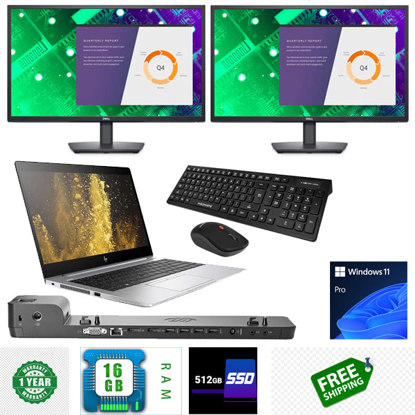 Combo HP EliteBook 840 G5 Laptop i5 Turbo upto 3.6 GHz 16GB RAM 512GB SSD 14 Inch HD Webcam Windows 11 Pro 2X 27” Monitors Dock keyboard Mouse - PC Traders Ltd