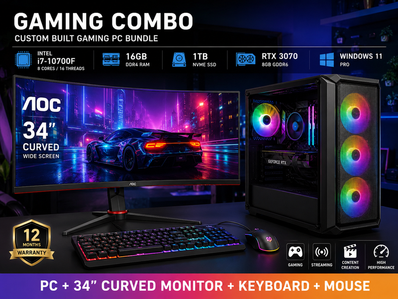 【ゲーミングPCフルセット】i7 10700F RTX3070 Office搭載 RTX 3070 Gaming PC Bundle | i7-10700F | 16GB RAM | 1TB SSD | AOC 34
