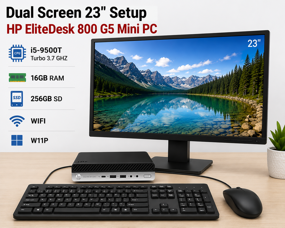 HP EliteDesk 800 G5 Mini PC i5-9500T 16GB 256GB SSD Windows 11 Pro + 2