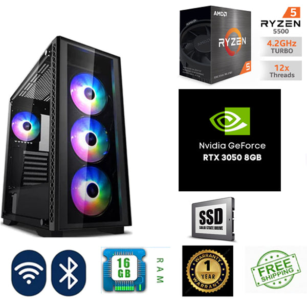 Brand New Gaming PC Ryzen 5 5500 16GB RAM 240GB SSD RTX 3050 8GB Graphics Card Wi-Fi and Bluetooth Ready Windows 10 Loaded - PC Traders Ltd