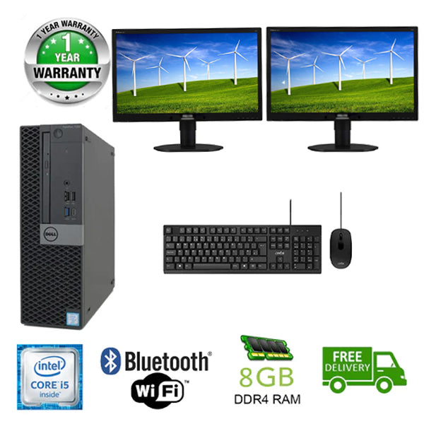 Dell Business PC Office Combo Dell OptiPlex 7050 PC SFF Refurbished i5 2.5GHz 8GB RAM 240GB SSD Windows 10 Pro WIFI and Bluetooth ready includes: 2X 24" exlease Monitors & used wired keyboard Mouse - PC Traders Ltd