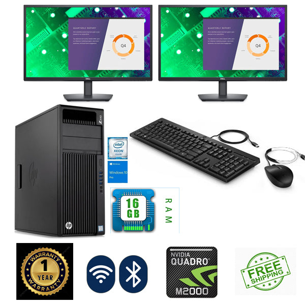 Dual Screen Combo HP Z440 Workstation Ex Lease Intel E5-1620 V4 3.50 GHz 16GB RAM M2000 4GB Graphics W10 Pro includes WIFI 2X 27" Monitor - PC Traders Ltd