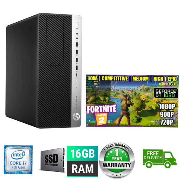 Gaming Ready HP EliteDesk 800 G3 Desktop Tower PC i7 7700 3.60 GHz 16GB RAM 256GB SSD + 500GB HDD Windows 10 Home NVIDIA GT 1030 2GB Graphics Refurbished with WIFI - PC Traders Ltd