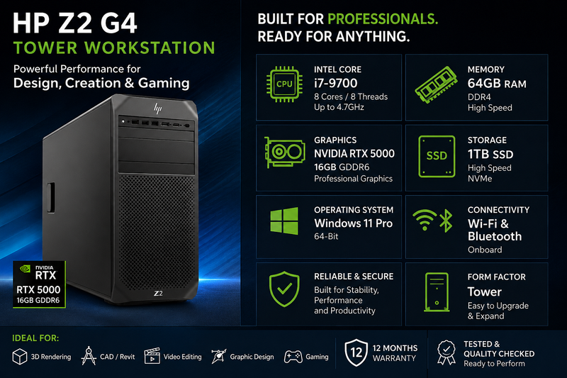 HP Z2 G4 Tower Workstation | Intel i7-9700 | 64GB RAM | 1TB SSD | 16GB