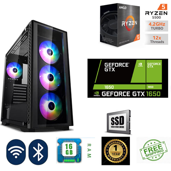 Brand New Gaming PC Ryzen 5 5500 16GB RAM 240GB SSD GTX 1650 4GB Graphics Card Wi-Fi and Bluetooth Ready Windows 10 Loaded - PC Traders Ltd