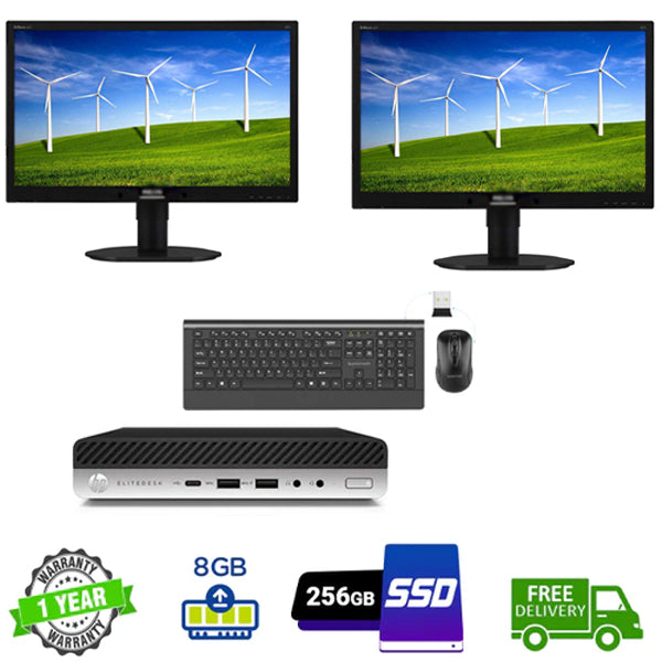 Multi-Screen Setup HP Ex Lease Mini Desktop EliteDesk 800 G3 Intel Core i5 7500T 8GB DDR4 RAM 240GB SSD Windows 10 2X23" Ex lease Monitors + Wireless Keyboard and Mouse - PC Traders Ltd
