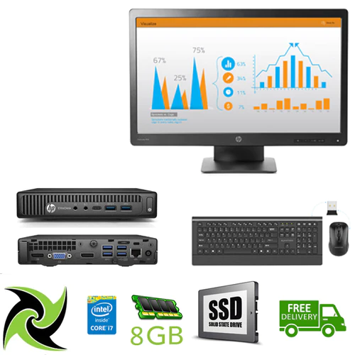 Computer System HP Ex Lease Mini Desktop EliteDesk 800 G2 Intel Core i7 6700T 2.8 GHZ 8GB DDR4 RAM 240GB SSD Windows 10 Preinstalled with 23" Ex lease HP Monitors + Wireless Keyboard and Mouse - PC Traders Ltd