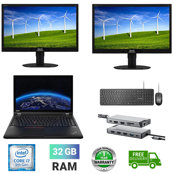 Workstation with Dual Screen Setup!! Lenovo P53 Laptop Workstation Ex lease Intel Core i7-9850H 32GB RAM 512GB NVME SSD Nvidia Quadro T1000 Mobile 4GB  2X 24" Ex lease Monitor Dock W11 - PC Traders Ltd