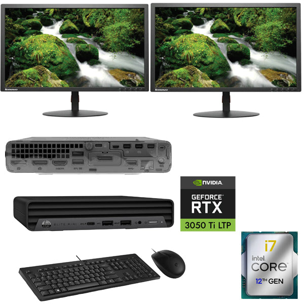 CAD OR GAMING COMBO HP Elite Mini 800 i7-12700T RTX 3050Ti 4GB Graphics 16GB RAM 512GB SSD Windows 11 Pro 2X 22" LCD Keyboard and Mouse