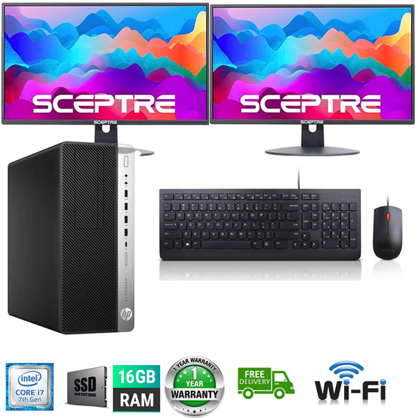 Combo Setup HP EliteDesk 800 G3 Desktop Tower PC i7 7700 3.60 GHz 16GB RAM 256GB SSD + 500GB HDD Windows 10 Home NVIDIA GT 1030 2GB Graphics Refurbished with WIFI 22" Monitor Keyboard Mouse - PC Traders Ltd