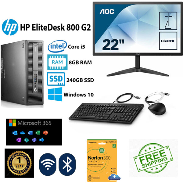Clearance Deal Office Package HP Elitedesk Ex lease 800 G2 SFF i5 3.2GHZ 8GB RAM 256GB SSD MS Office 365 Norton 360 22" Monitor - PC Traders Ltd
