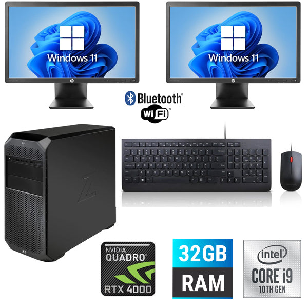 Dual Screen Combo HP Z4 G4 Workstation Tower Intel i9-10900X 32GB RAM 512GB NVMe SSD NVIDIA Quadro RTX 4000 8GB Windows 11 Pro 2X 24" LCD WIFI - PC Traders Ltd