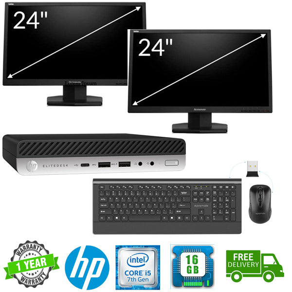 Office Ready!!  HP EliteDesk 800 G3 Tiny PC Ex Lease i5 7th gen 16GB 256GB Win 10, includes: 2X 24" Ex-Lease Monitors, Wireless Keyboard and Mouse (All Cables will be provided)+ WIFI Ready+OFFICE 365 - PC Traders Ltd