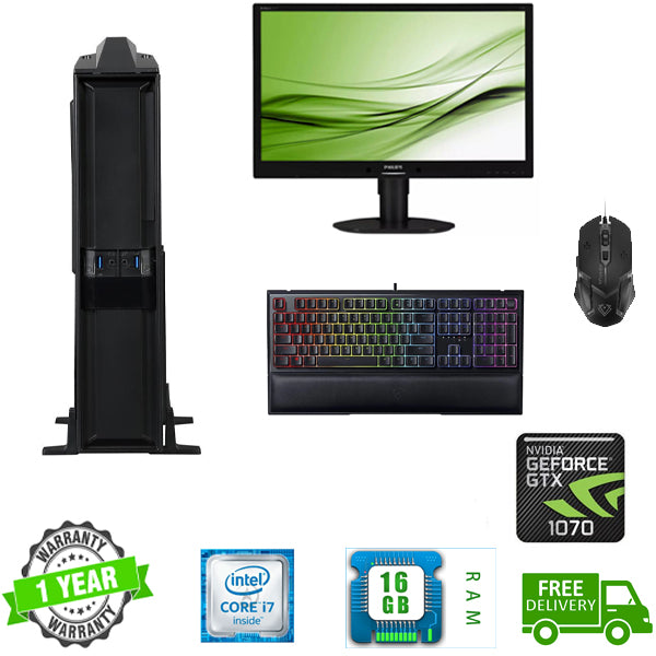 Ultimate Gaming Tower Combo!! Custom Built Gaming PC Ex lease i7-6700 CPU 16GB RAM 256GB SSD + 1000GB HDD with GTX 1070 8GB Graphics CARD Windows 10 Home Installed WIFI Ready and 24" Ex lease Monitor Razer Keyboard and wired mouse - PC Traders Ltd