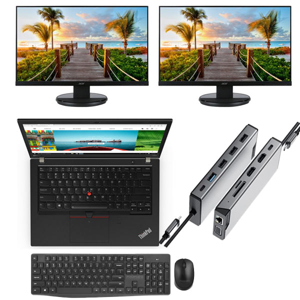 Business Setup Lenovo T480S Ex lease i5-8350U 16GB RAM 256GB NVME SSD 14" Touch UHD Graphics 620 Webcam Windows 11 Ready 2X 24" Acer Monitors USB C Dock Wireless Keyboard and Mouse - PC Traders Ltd